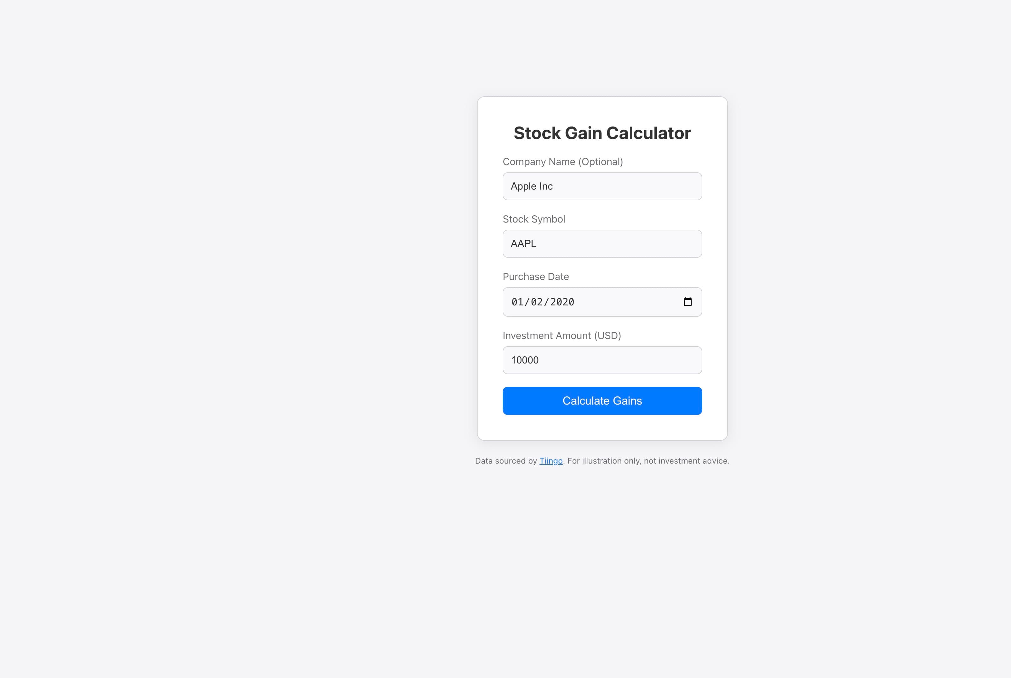 Calculator filled with Apple, AAPL, and a 2020 purchase